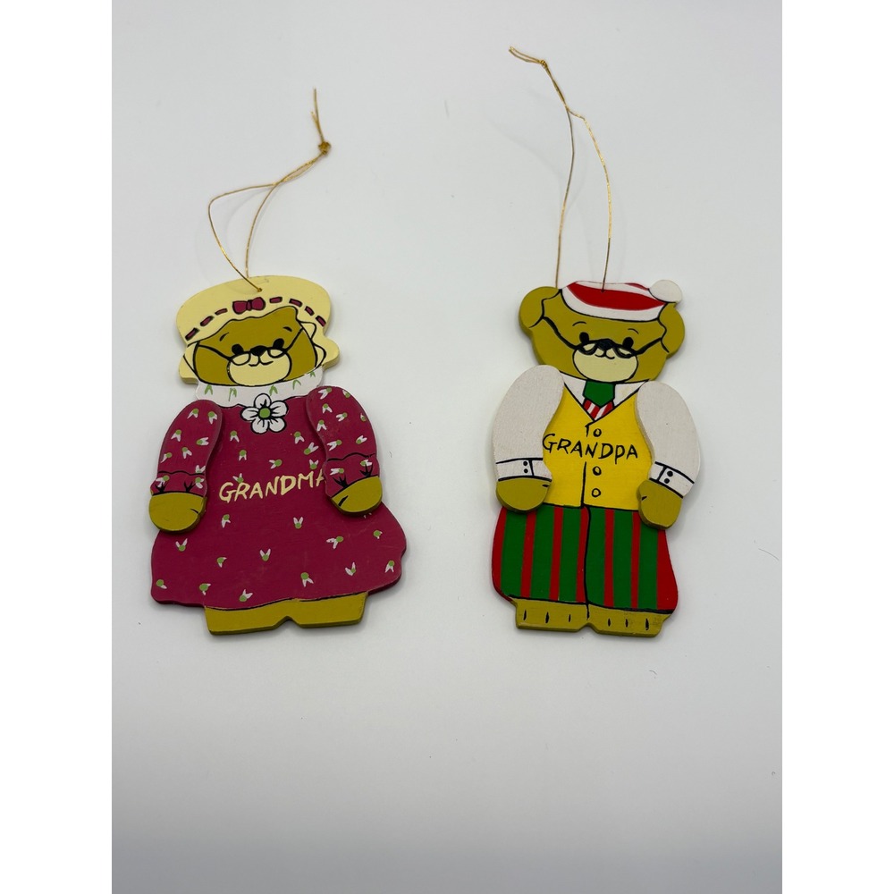 Enesco Lucy & Me Wood Bear Christmas Ornaments Pair Grandma Grandpa 1984 Vintage